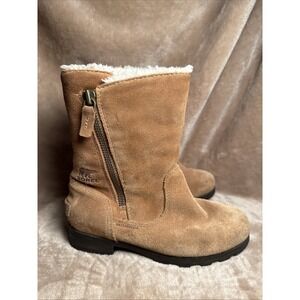 Sorel Waterproof Suede Winter Boots Kids Sz 2 Tan Good Faux Fur Lined NY2958-224